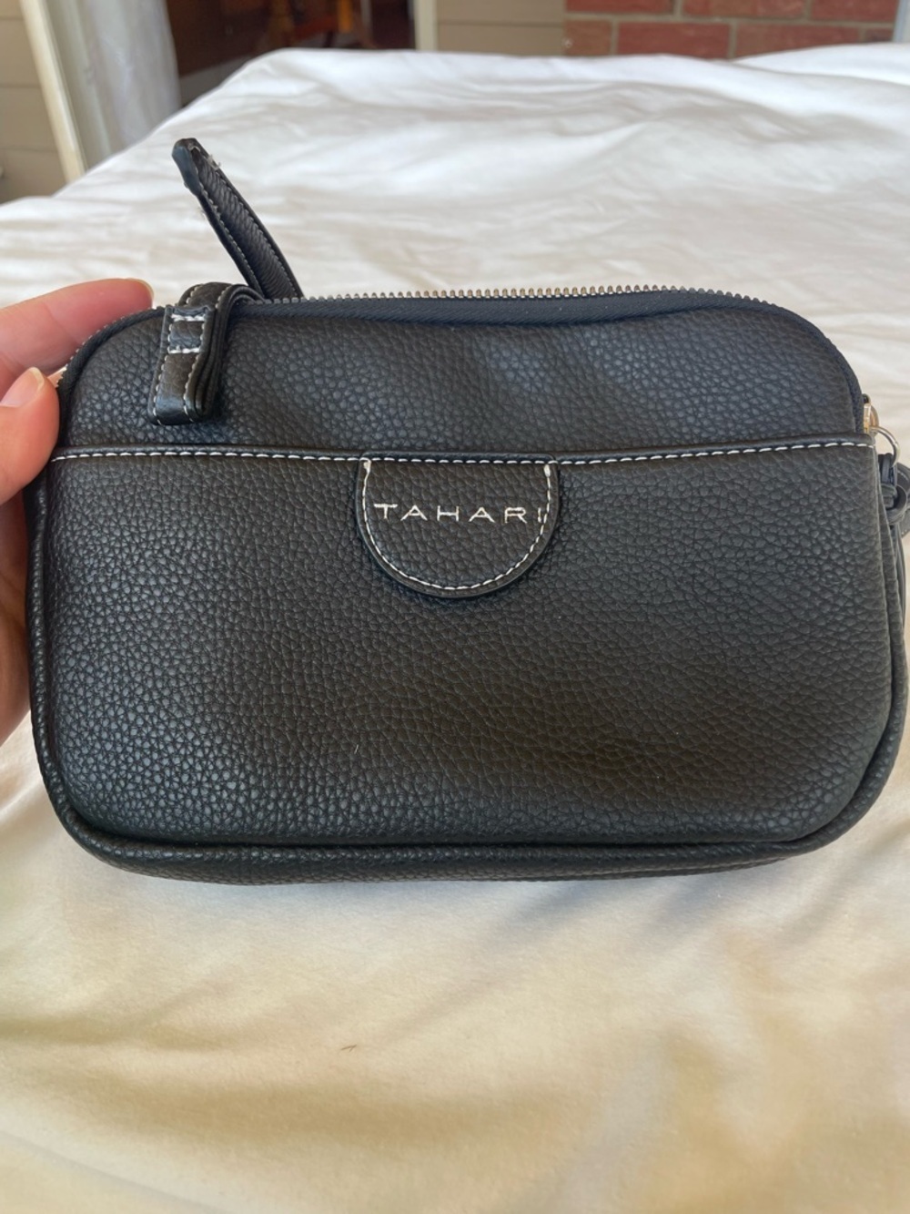Tahari Black Pebbled Leather Crossbody Multi-Zip Bag